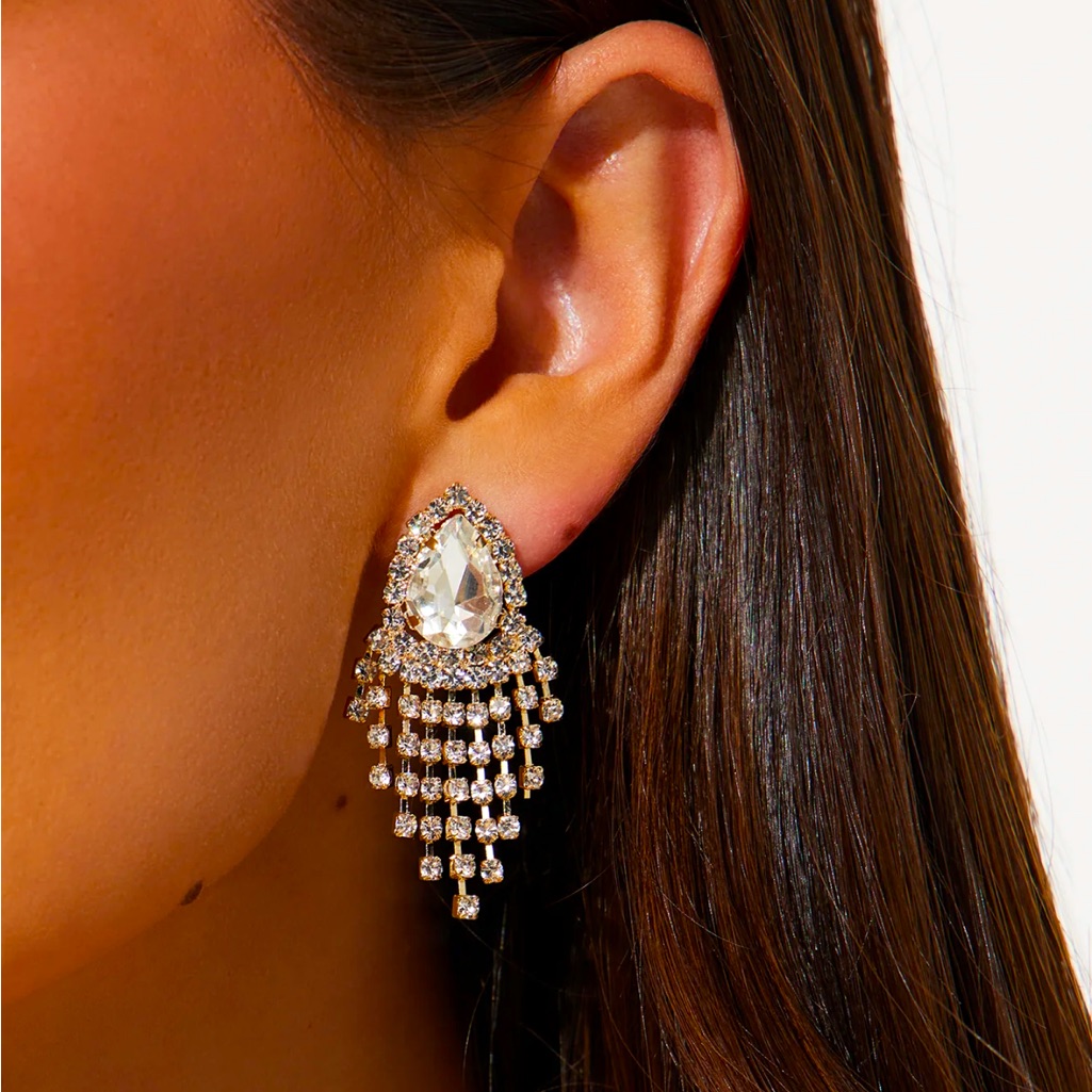 Life On The Rocks Gold Rhinestone Drop Earrings New